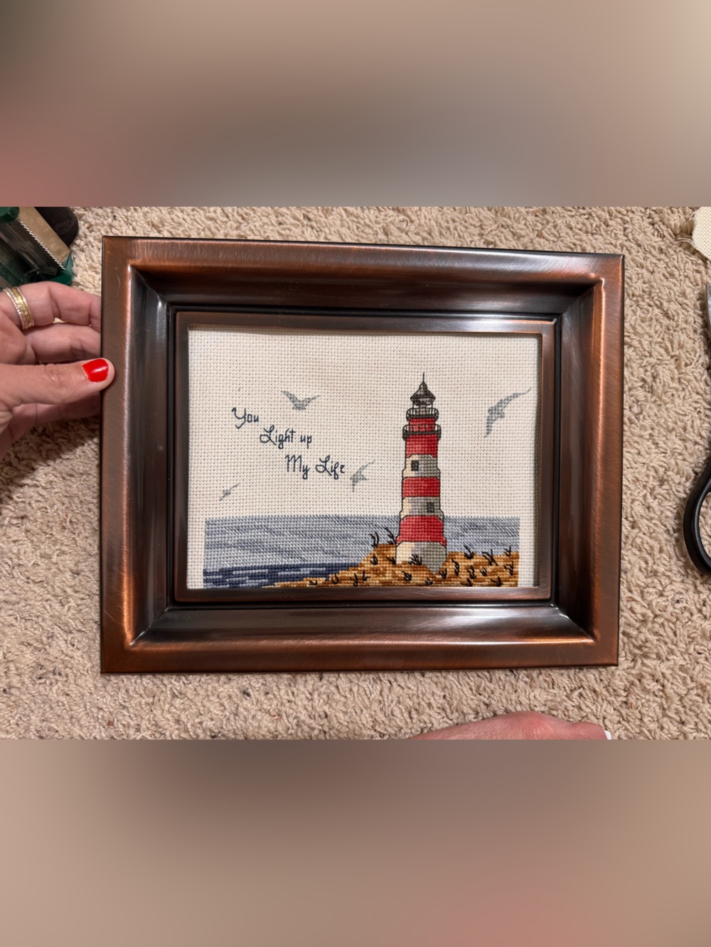 Vtg copper framed cross stitched light house and quote